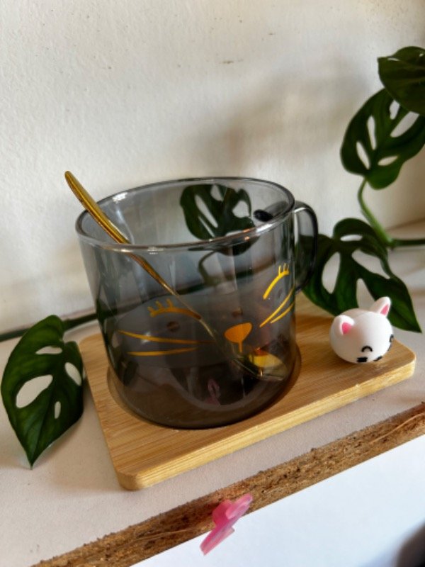 Producto - Taza gatito con cucharita y plato de bambú - 2