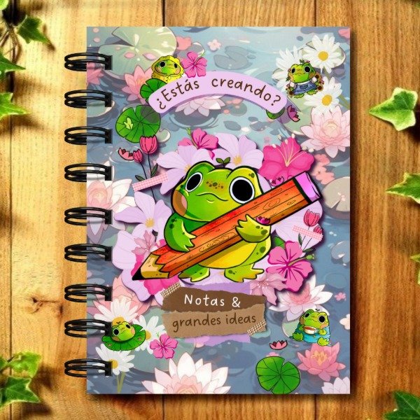 Producto - Encargá: ECO LIBRETA - "Ranita Rosa Escritora" 80 Hojas A6 - Anillo en lateral