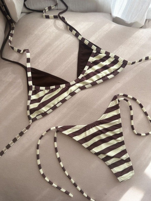 Producto - Bikini Doble Rayas Marron y Amarillo Pastel - 1