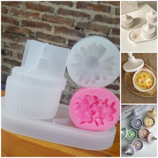 Producto - Kit moldes :bandeja ovalada + alhajero circus+margarita desojada+ molde 3 flores