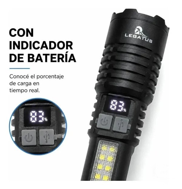 Producto - Linterna Mano Tactica Led P50 Legatus Recargable Display Carga - 11