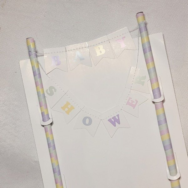 Producto - Banderin para torta BABY SHOWER blanco y multicolor pastel