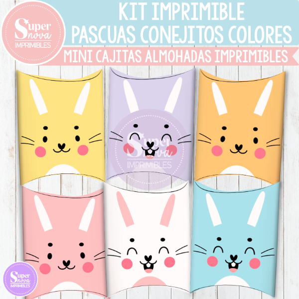 Producto - KIT IMPRIMIBLE FELICES PASCUAS CONEJITOS COLORES MINI CAJITAS ALMOHADITAS X 6