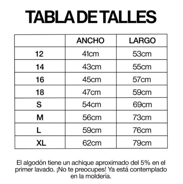 Producto - Tabla de talles remeras clásicas