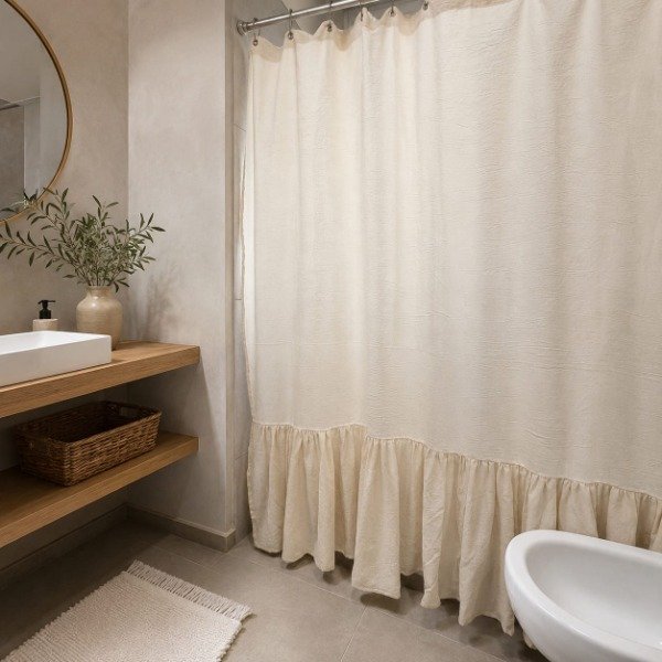 Producto - CORTINA DE BAÑO GASA CON VOLADO
