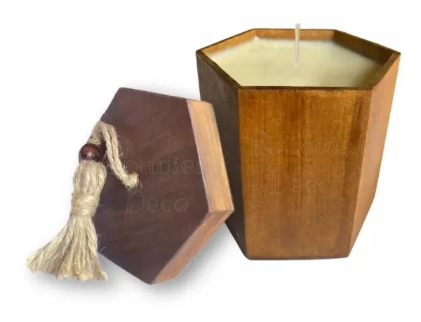 Producto - Vela - Recipiente de Madera - Hexágono - 10x10 Cms