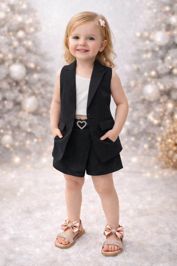 Producto - CURVA CONJUNTO SASTRERO CORAZÓN (CHALECO + TOP + SHORT POLLERA)