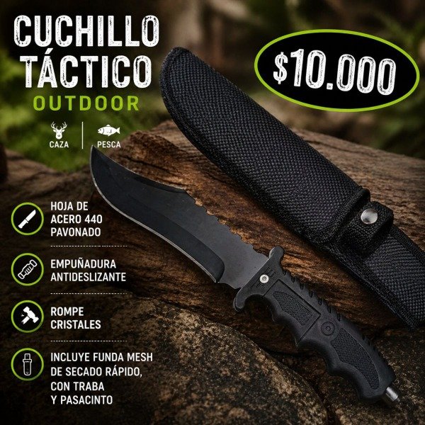 Producto - CUCHILLO TACTICO OUTDOOR CON ROMPE CRISTALES CAZA PESCA FUNDA PASA CINTO