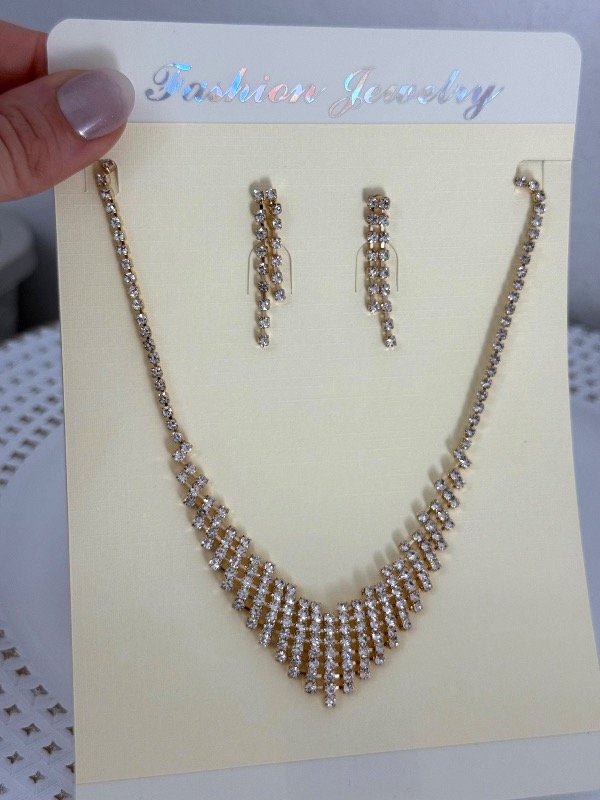 Producto - CF0043 Conjunto full strass dorado collar gargantilla + aros