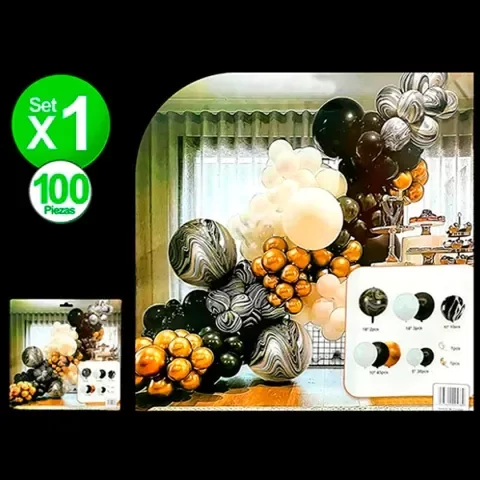 Producto - GLOBO MARMOLADO NEGRO - BLANCO - DORADO 100PCS x1