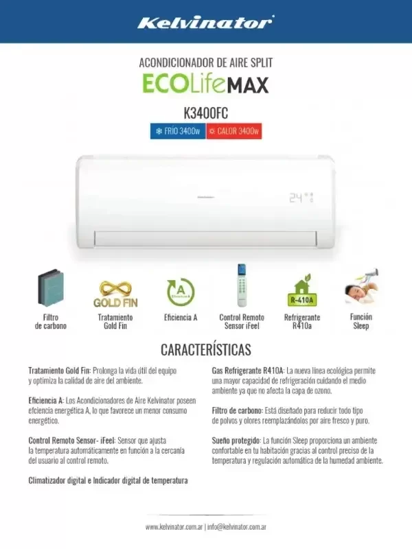 Producto - AIRE ACONDICIONADO KELVINATOR 3400W FRIO-CALOR ON-OFF (KE3400FC)
