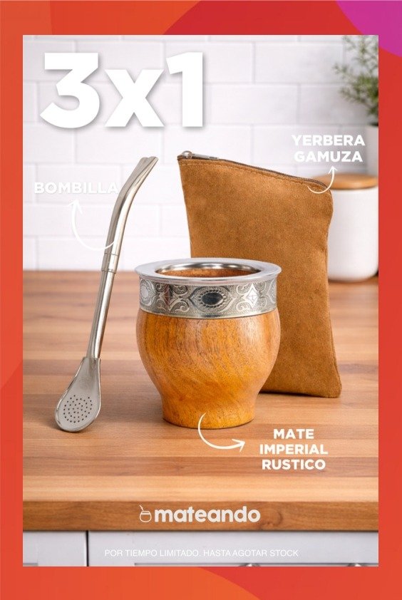 Producto - 3x1 - MATE IMPERIAL DE ALGARROBO RUSTICO + BOMBILLA + YERBERA GAMUZA