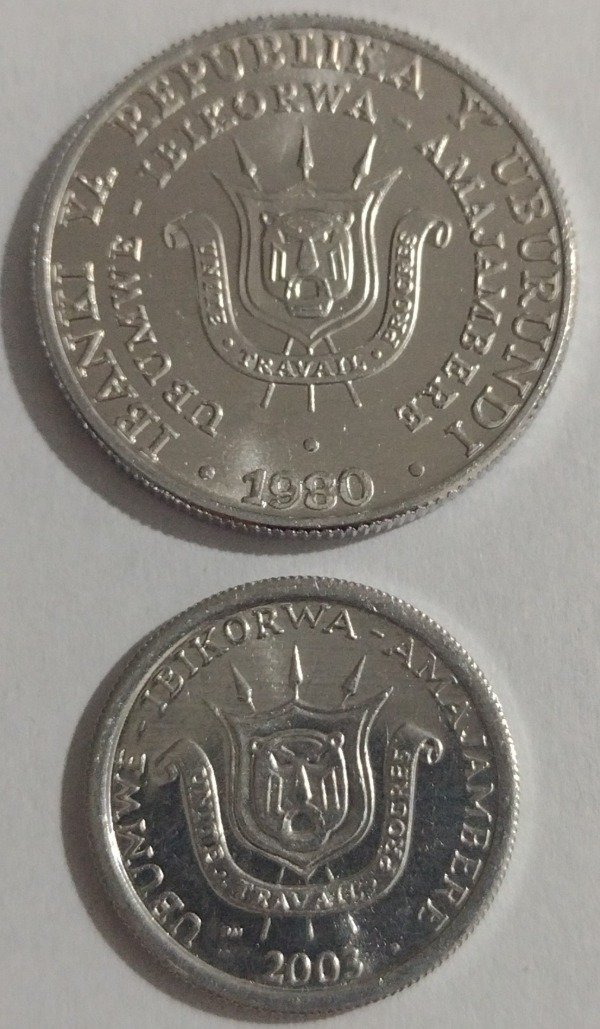 Producto - Burundi 1 franco 2003 + 5 francos 1980