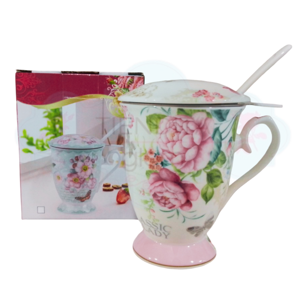 Producto - TAZA DE PORCELANA CON FILTRO Y CUCHARA FLORES ROSAS CLASSIC LADY 300 ML - 3