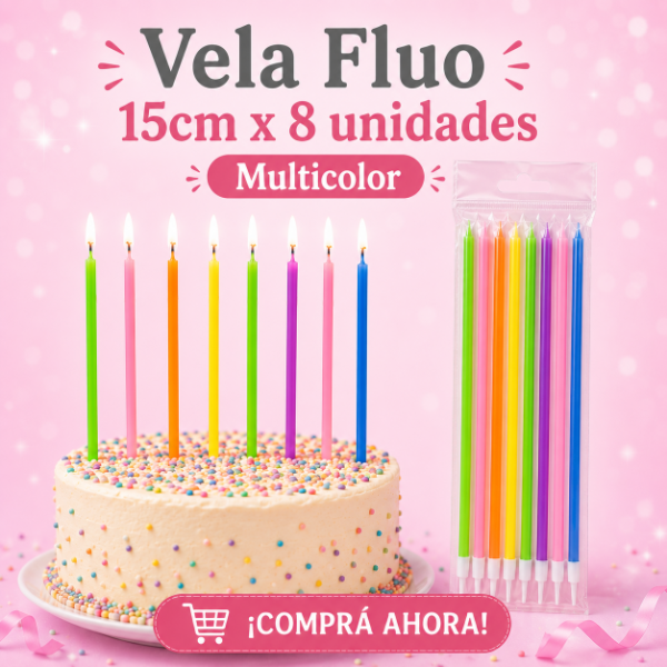 Producto - Vela Fluo x8 unidades de 15cm multicolor . X 10 paquetes
