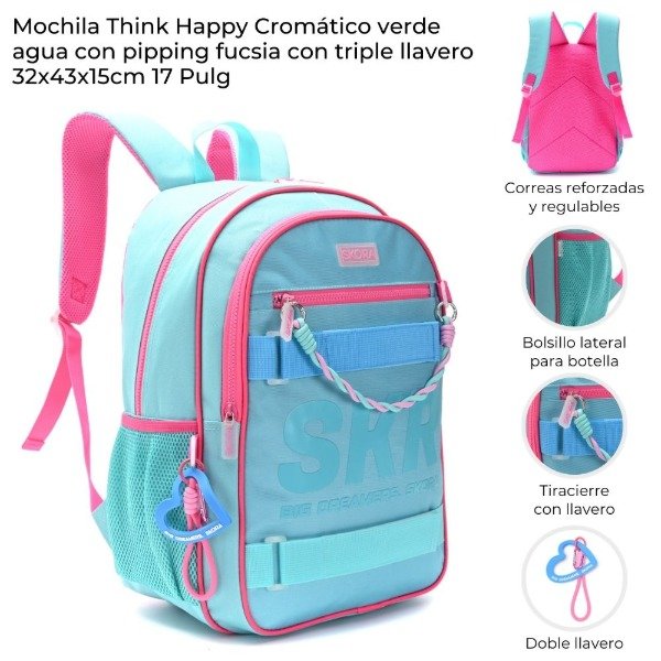 Producto - MOCHILA THINK HAPPY CROMATICO AQUA Y FUCSIA CON LLAVERO 42893