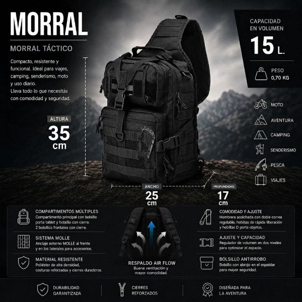 Producto - Morral Bolso Tactico Militar Pechera Negro Tela Antidesgarro 15 Litros - 13