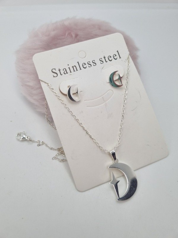 Producto - Set acero blanco cadena + aritos luna destello
