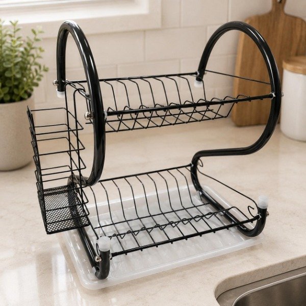 Producto - SECA PLATO FORMA DE S COLOR NEGRO CON ESCURRIDOR DE CUBIERTOS Y BANDEJA