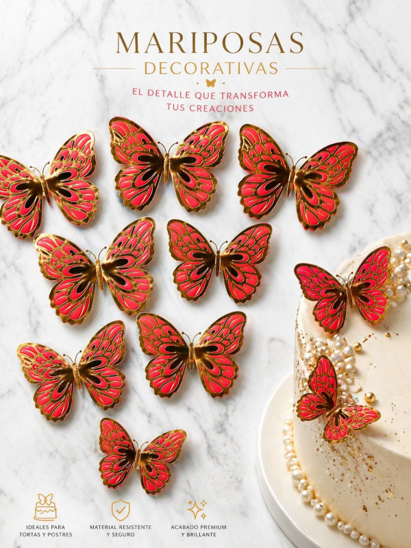 Producto - Set de mariposas rojas + dorado x12