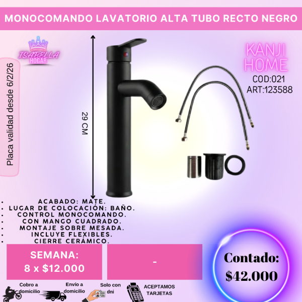 Producto - MONOCOMANDO LAVATORIO ALTA TUBO RECTO NEGRO
