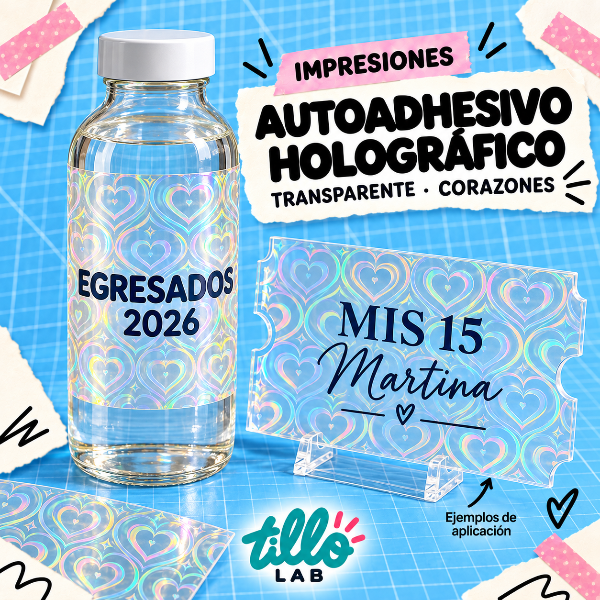 Producto - Impresiones en autoadhesivo holográfico transparente  Corazones