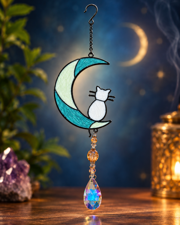 Producto - Colgante Vitraux Luna con Gato con cairel 37 cm