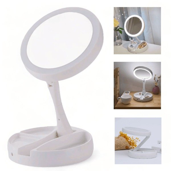 Producto - Espejo Maquillaje Led Redondo Con Luz de Led Plegable USB Pilas