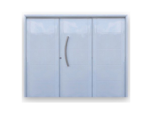 Producto - Portón de tres hojas doble chapa inyectado con barral curvo blanco