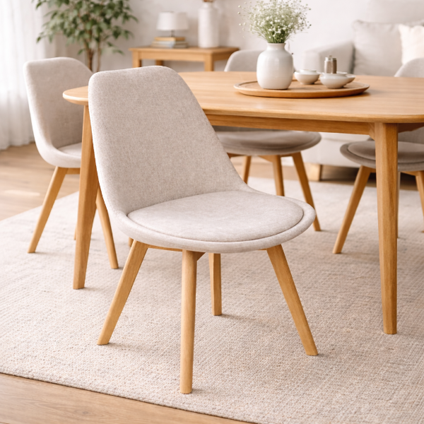 Producto - Silla Tulip Tapizada en Tela Beige con Patas de Madera x 4