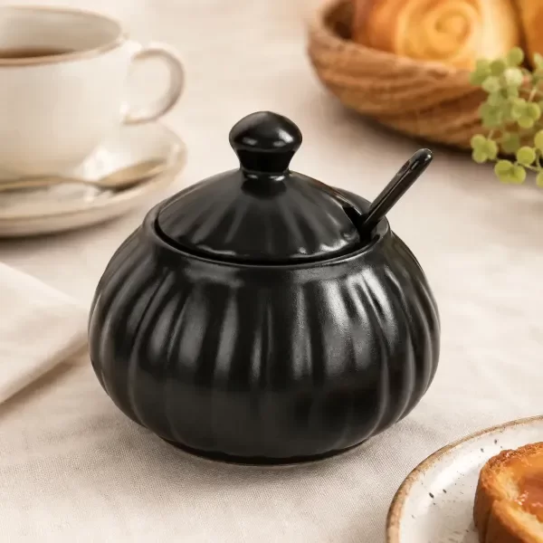 Producto - Azucarera Cerámica 250ml Con Tapa Y Cuchara Estilo Vintage Negro