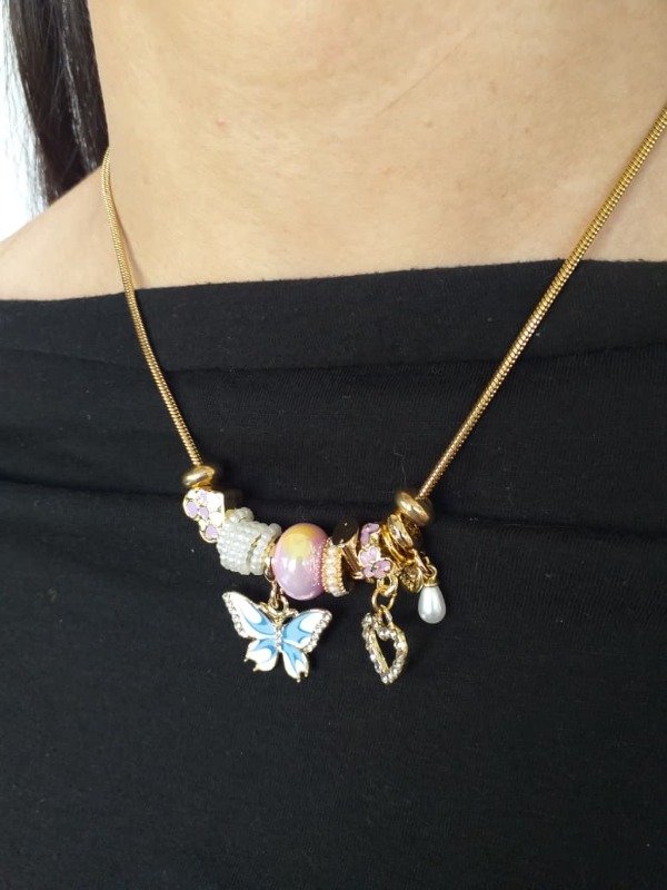 Producto - ADC0060 Collar Pandora Mariposa esmaltada mas Charms