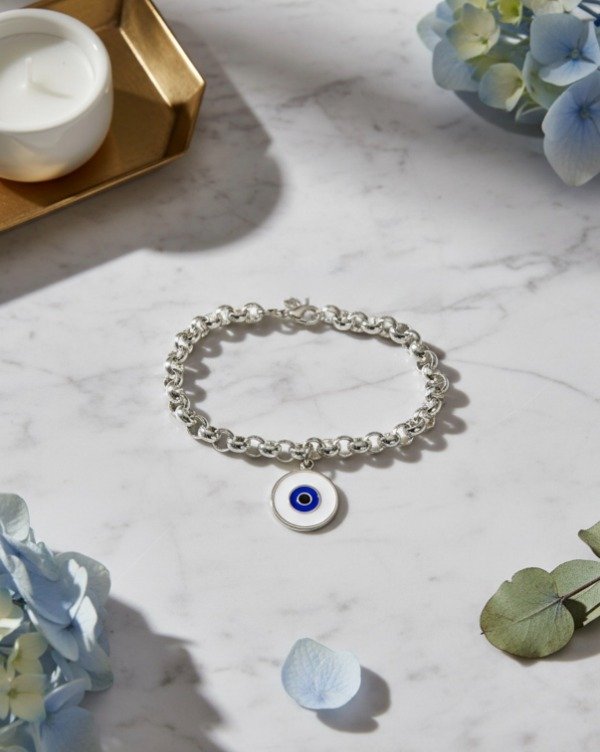 Producto - Pulsera acero blanco + dije ojo turco