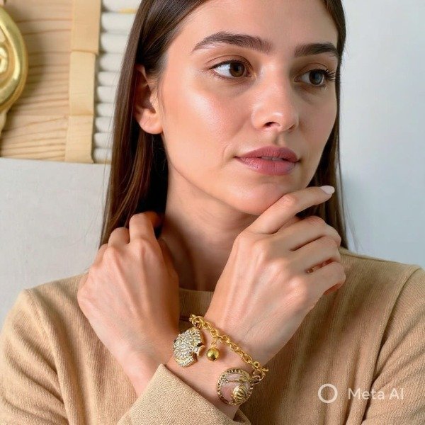 Producto - Pulsera A-Dorado Dijes Medalla con Ostra Nacarado / Pez Piedritas Blancas - 2