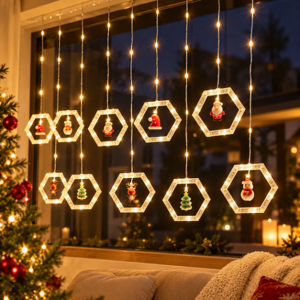 Producto - LUCES LLUVIA NAVIDAD CON FIGURAS HEXAGONAL 3M X1