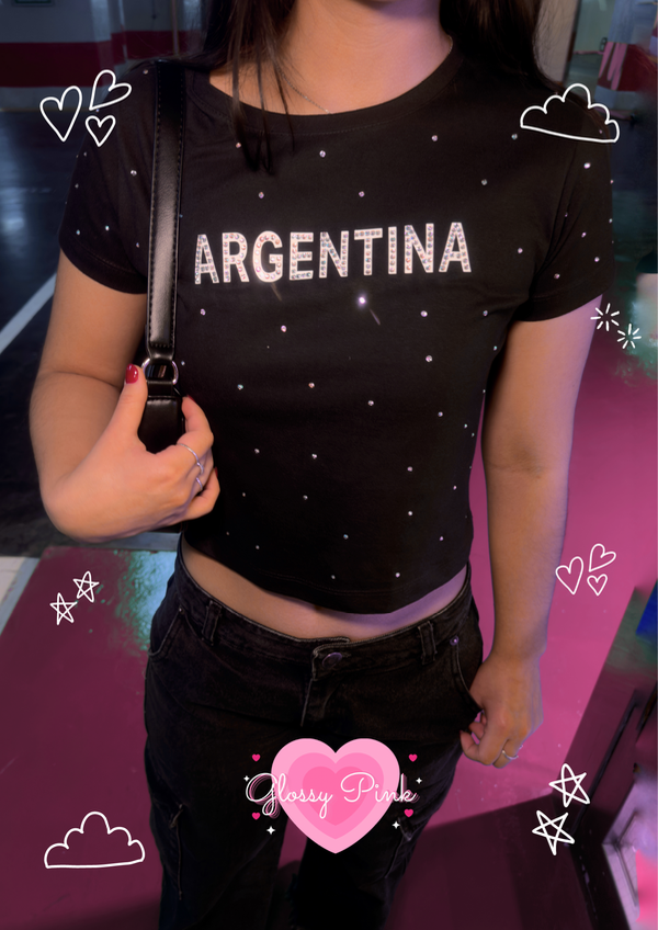 Baby Tee negra Argentina Strass tornasolado algodón