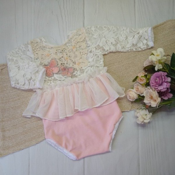 Producto - Body Rosa/encaje aplique 6-11m
