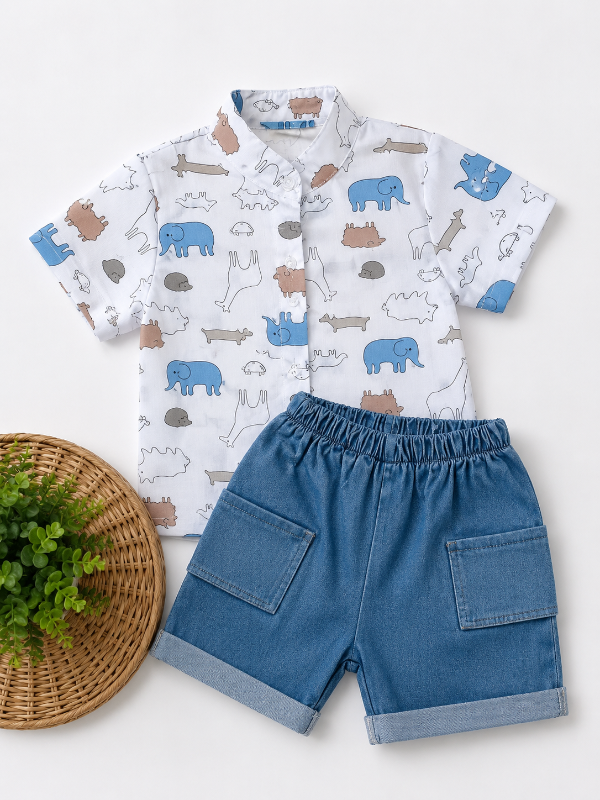 Producto - CONJUNTO ERIC ANIMALES BLANCO (CAMISA + SHORT)