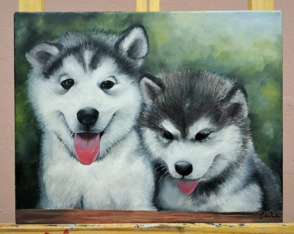 Producto - Cuadro Decorativo Perritos Pintado A Mano Al Oleo Sobre Tela