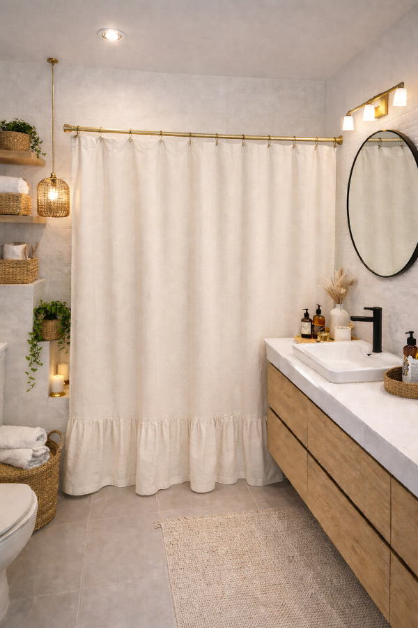 Producto - CORTINA DE BAÑO GASA NATURAL CON VOLADOS
