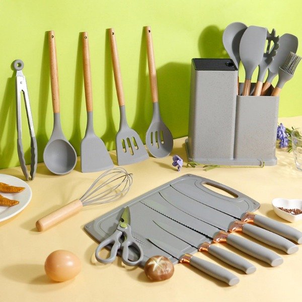 Producto - Set Utensilios De Silicona X 19 Piezas Mango Madera Gris