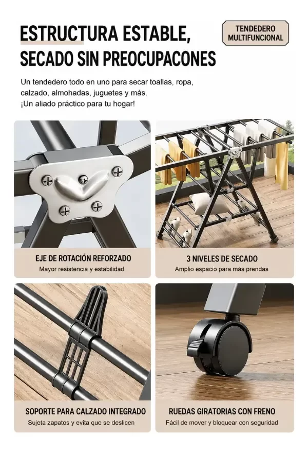 Producto - Tendedero De Ropa Plegable 3 Niveles Con Ruedas Reforzado - 3