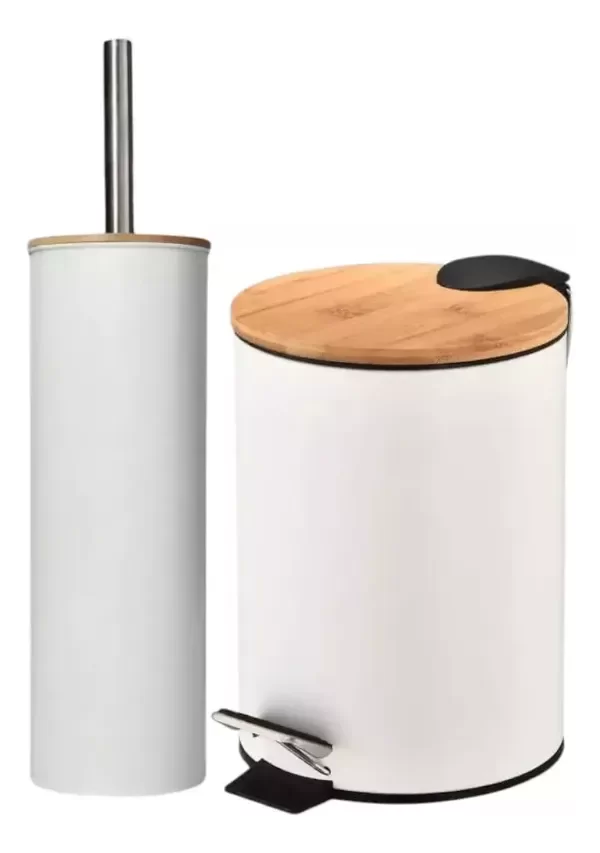 Producto - (Blanco) Set Cesto De Basura Acero Bambú 3l + Escobilla Acero Nórdico