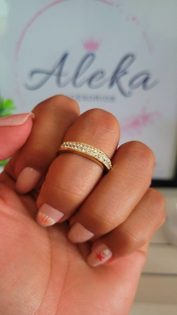 Producto - Anillo tira strass de acero dorado