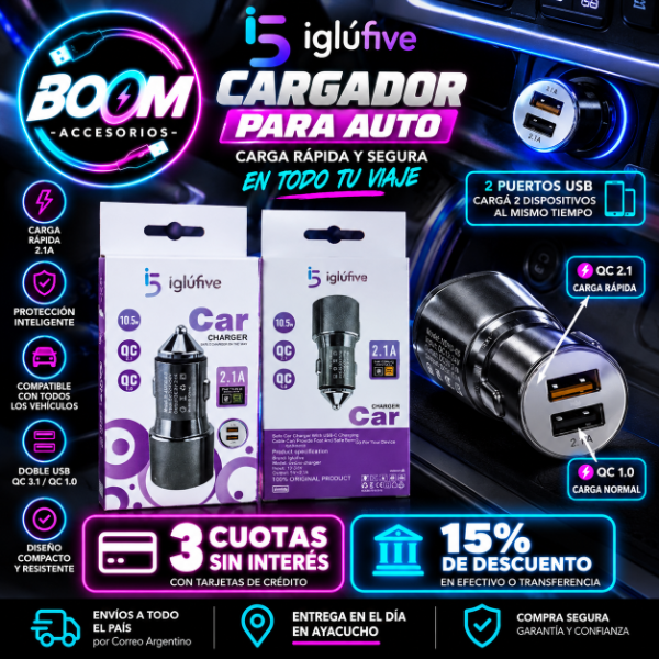 Producto - Cargador Auto Iglúfive Doble Usb 2.1a Carga Rápida - 0