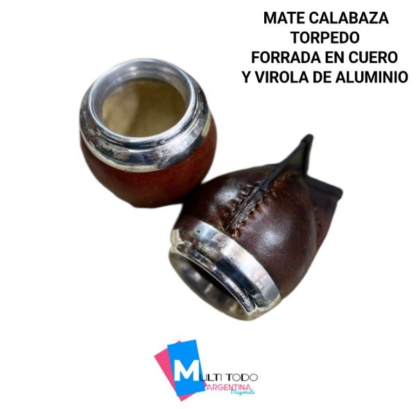 Producto - MATE CALABAZA TORPEDO FORRADO EN CUERO VIROLA DE ALUMINIO