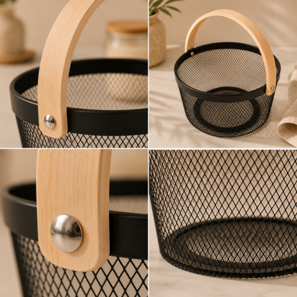 Producto - Canasto Organizador Negro con Asa de Madera Porta Huevos y Frutera - 3