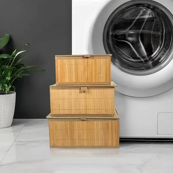 Producto - Set X3 Canasto Caja Organizador De Bambú Y Tela Con Tapa Natural
