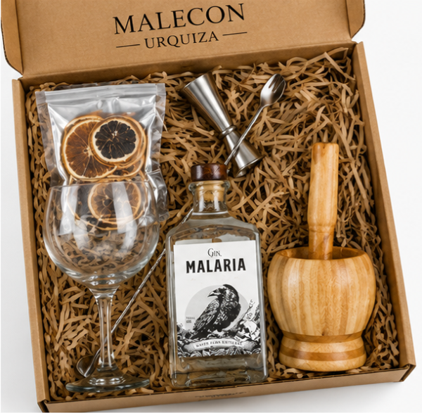 Producto - Caja de Regalo Gin Malaria London Dry 750 ml + Copa + Mortero + Jigger