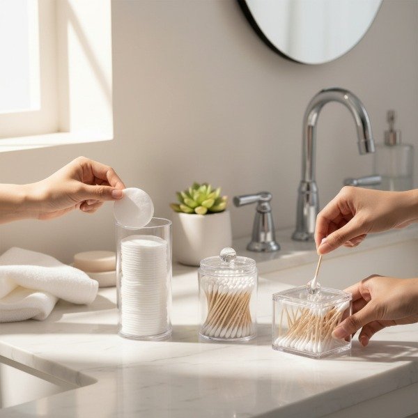 Producto - SET DE BAÑO ORGANIZADOR ACRILICO LISO PORTA HISOPOS, DISCOS ALGODON 3 PIEZAS